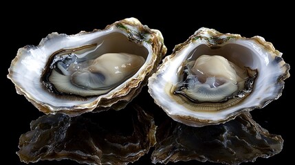 Naklejka premium Two Fresh Oysters on Black Background: A Culinary Delight