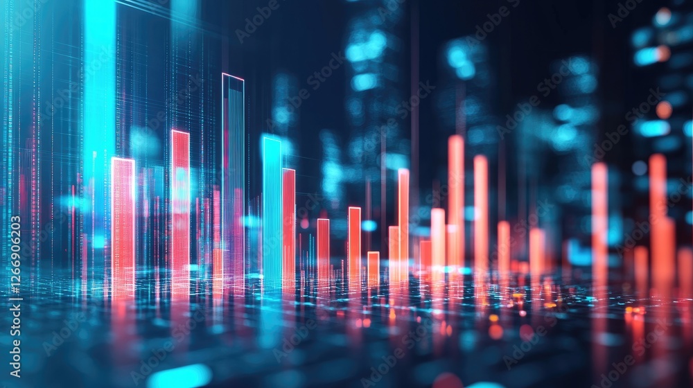 Poster a sleek d bar chart with high-tech design elements, illustrating key performance indicators in a cor