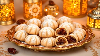 Ma'amoul cookies filled with dates on a decorative plate with warm lighting. Eid al-Fitr concept.