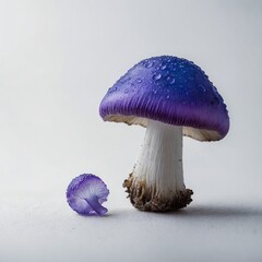 "A magical blue and purple mushroom with a translucent cap, set against a pure white background."