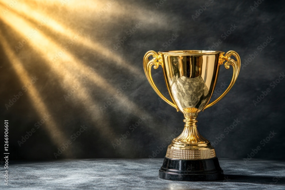 Poster olden trophy with rays of light shining down on it, symbolizing the victory and achievement that com