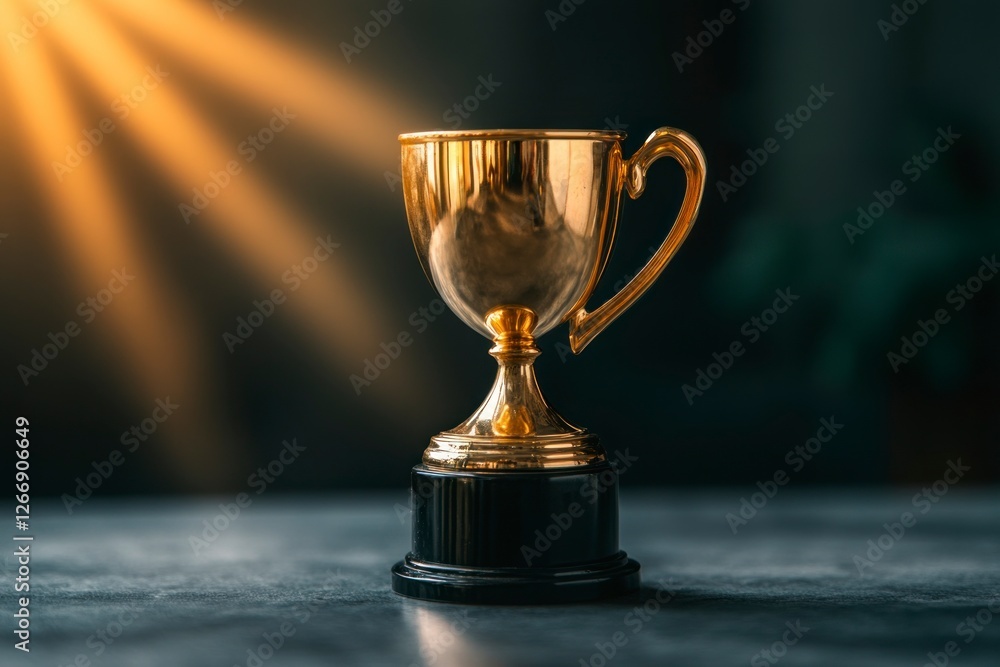 Poster olden trophy with rays of light shining down on it, symbolizing the victory and achievement that com