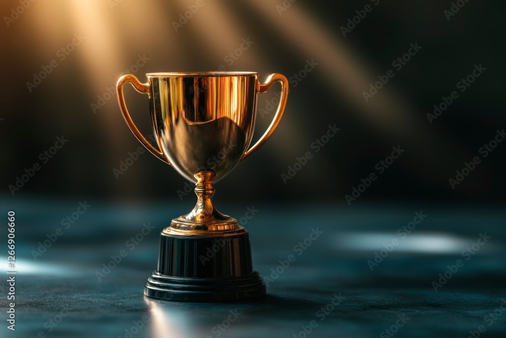 Poster olden trophy with rays of light shining down on it, symbolizing the victory and achievement that com