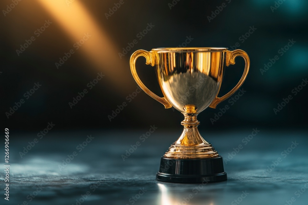 Poster olden trophy with rays of light shining down on it, symbolizing the victory and achievement that com