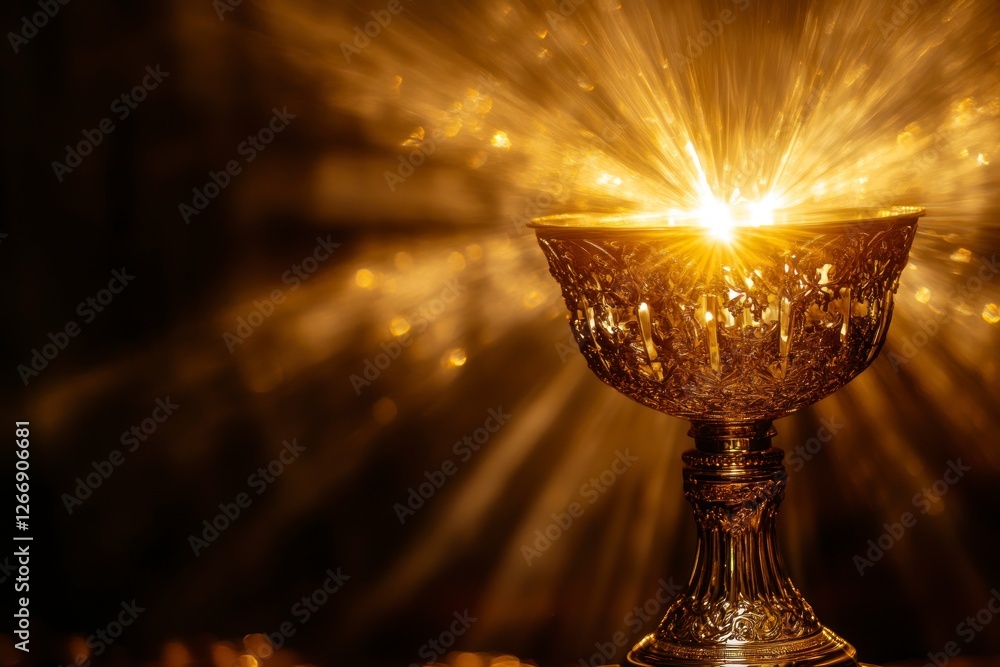 Poster olden trophy with rays of light shining down on it, symbolizing the victory and achievement that com