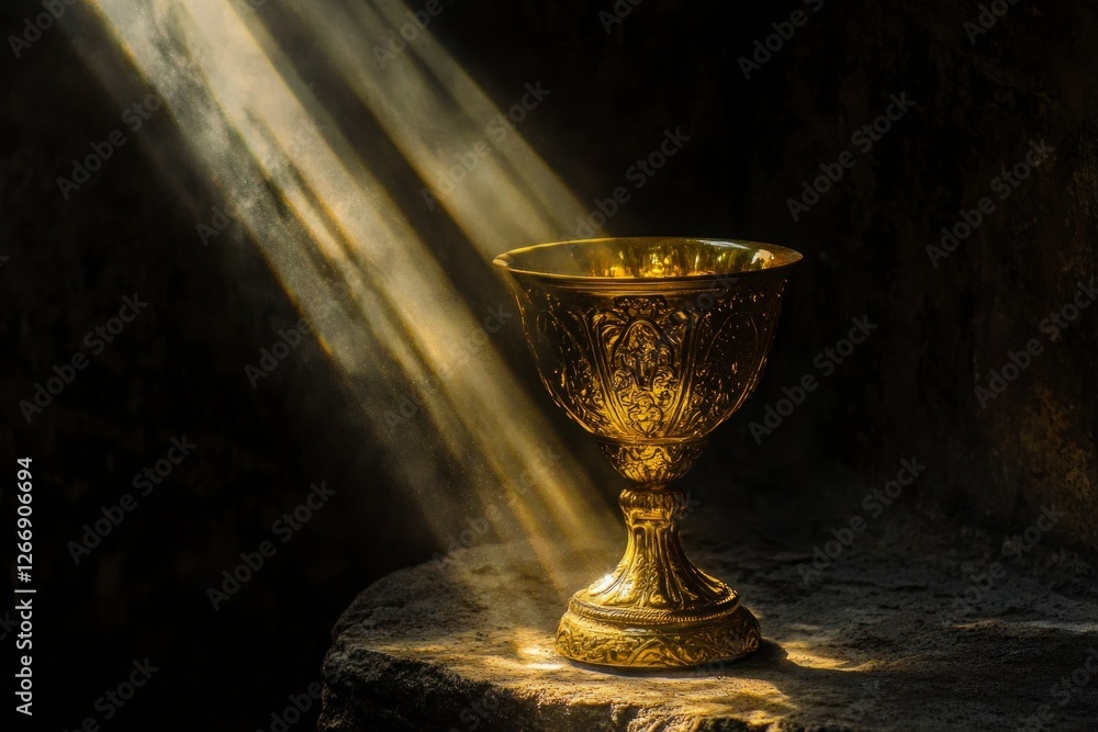 Poster olden trophy with rays of light shining down on it, symbolizing the victory and achievement that com