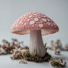 "A delicate pink and white mushroom with intricate gills, placed on a white background."
