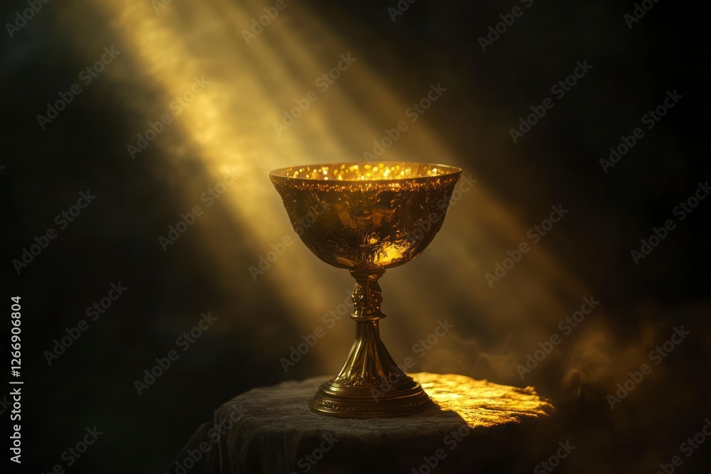 Poster olden trophy with rays of light shining down on it, symbolizing the victory and achievement that com