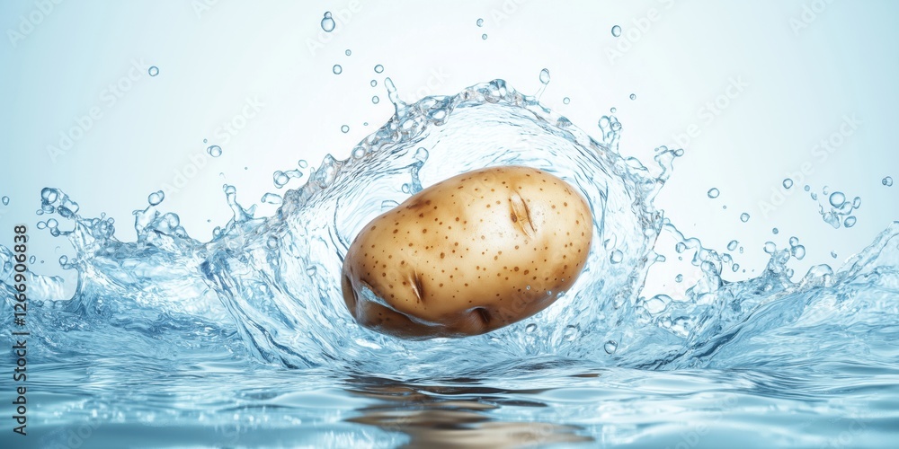 Poster potato splashing in water creating dynamic wave and bubbles