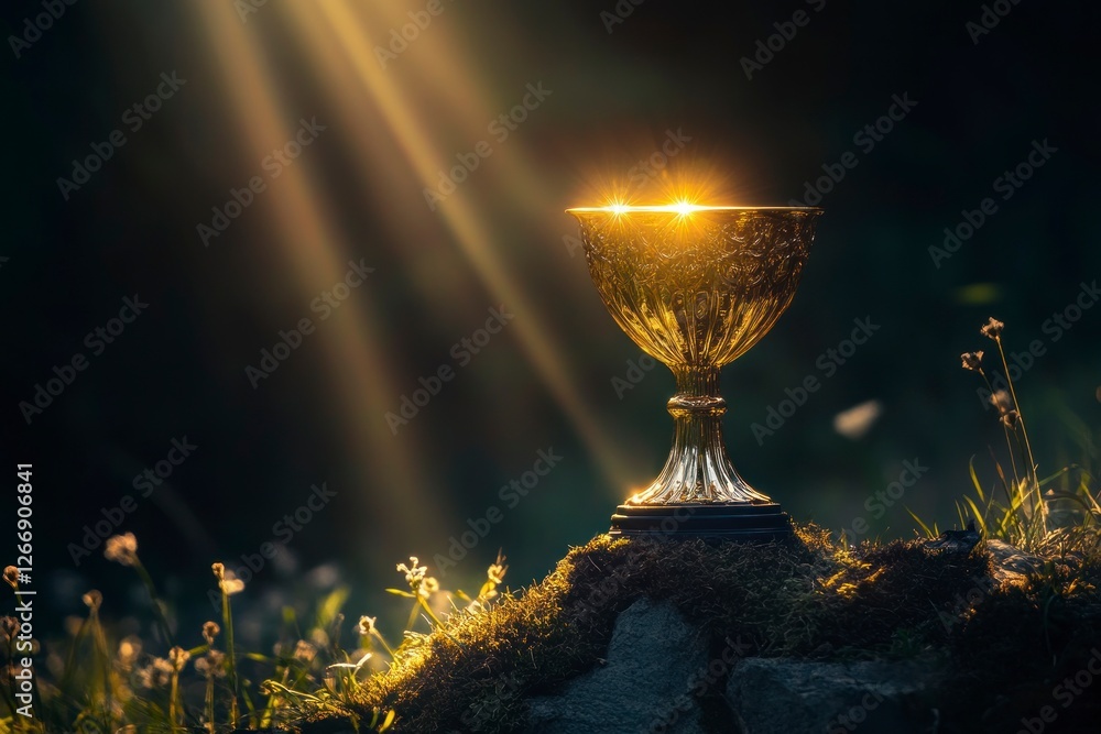 Poster olden trophy with rays of light shining down on it, symbolizing the victory and achievement that com