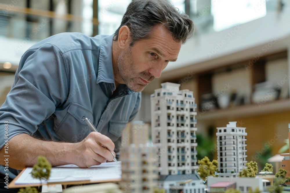 Aufkleber architect assessing model of urban development, engaged in planning and design process with detailed