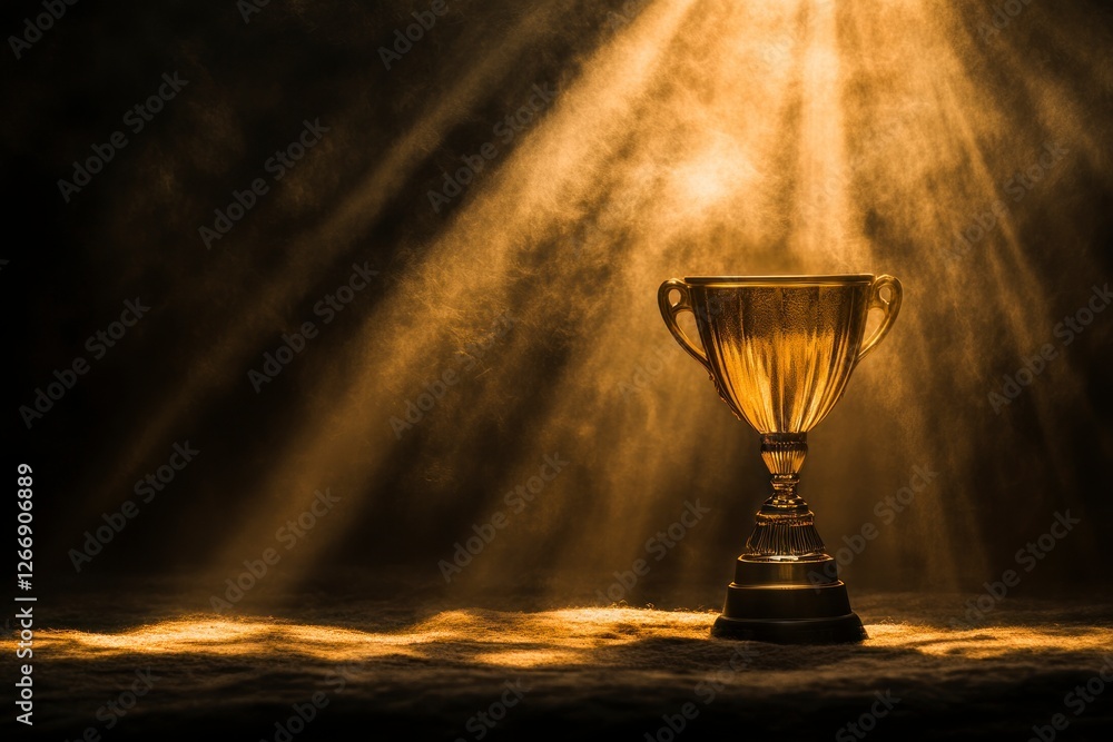 Poster olden trophy with rays of light shining down on it, symbolizing the victory and achievement that com