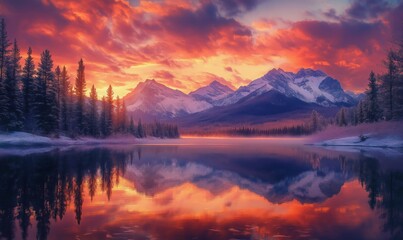 Obraz premium Stunning sunset over tranquil lake reflecting majestic mountains and vibrant sky