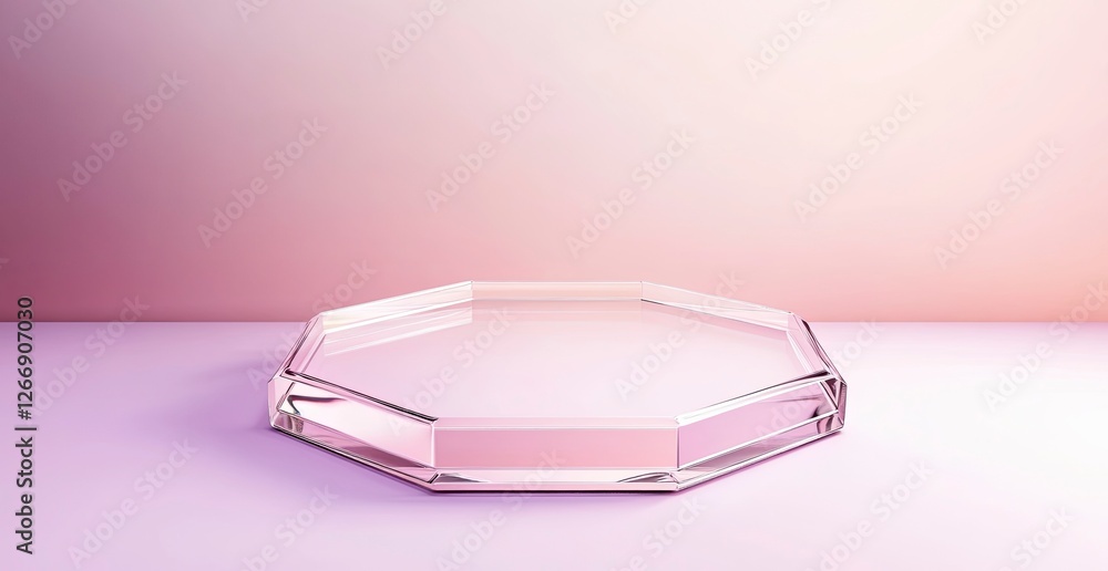 Poster a hexagonal glass podium on an abstract pastel background with soft lighting and a gradient of color
