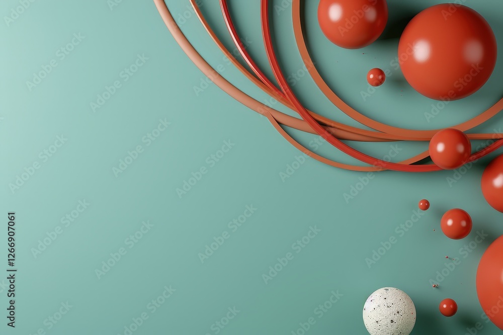 Poster abstract composition with red spheres and curved lines on a soft teal background for modern graphic 