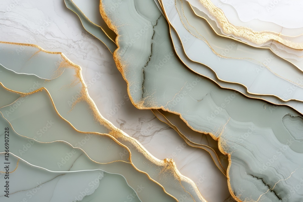Poster elegant abstract geode pattern with soft green and gold lines on white marble background