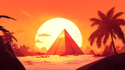 Sunset over the Tropical Pyramid: A Vivid Digital Artwork