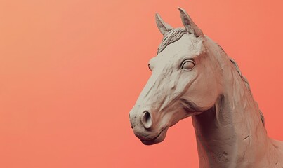 Sculpted horse head in clay against vibrant coral background