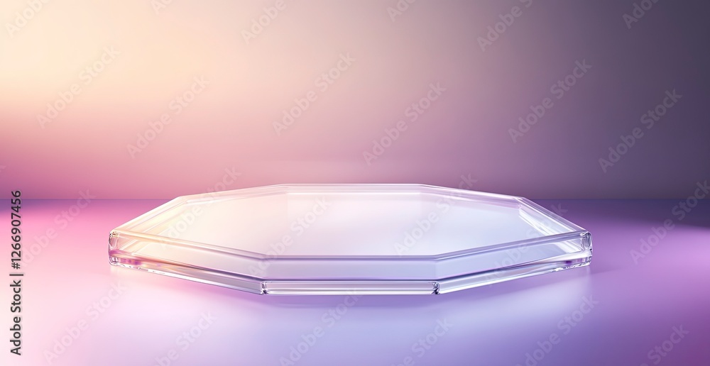 Poster a hexagonal glass podium on an abstract pastel background with soft lighting and a gradient of color