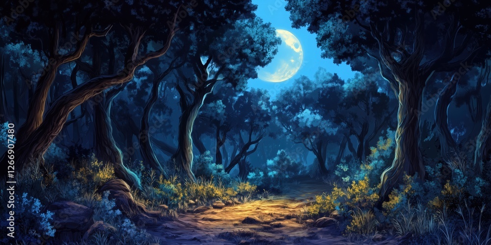 Poster Moonlit forest path illuminated by soft light and surrounded by dense trees