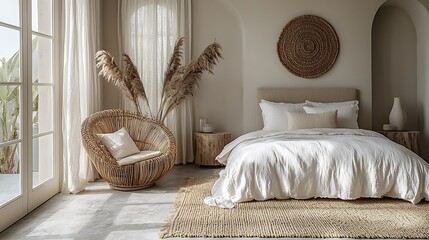 Coastal Bedroom Interior Design, Relaxing Beige Decor, Sunny Window