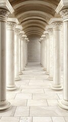 Ancient colonnaded hallway, arches, architectural perspective, interior view, 3D illustration, for background use