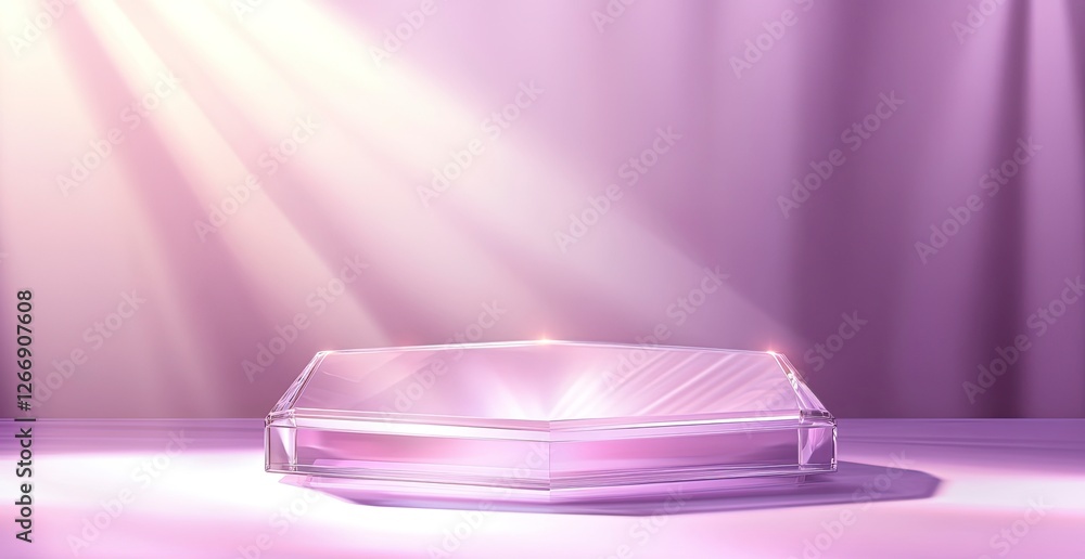Poster a hexagonal glass podium on an abstract pastel background with soft lighting and a gradient of color