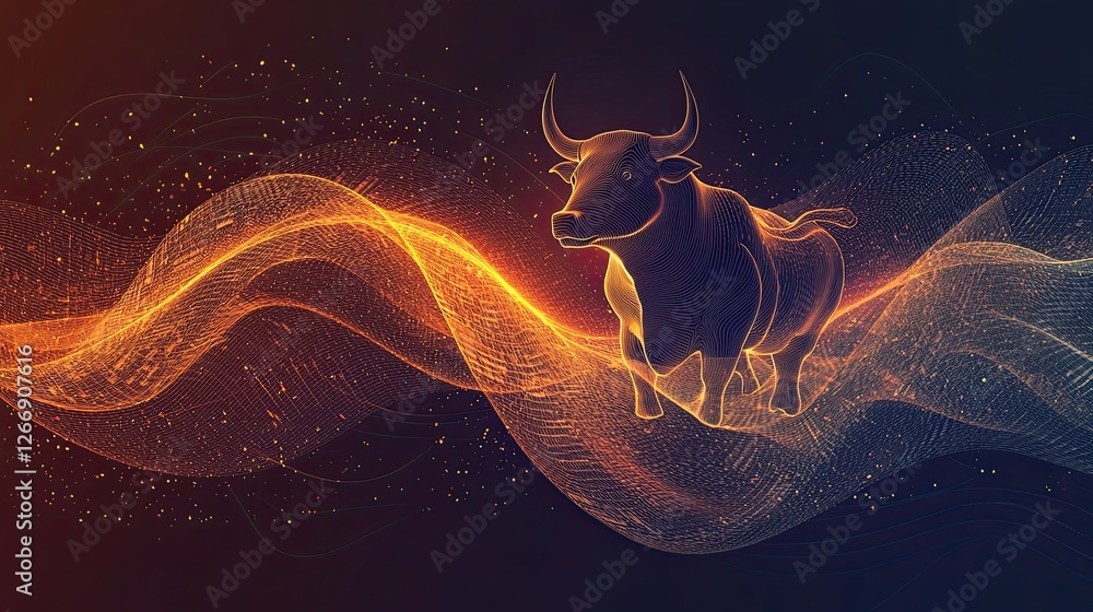 Poster artistic representation of a bull amidst flowing waves of light and color in a digital setting at ni