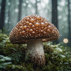 "An enchanted forest mushroom with tiny sparkling details, beautifully detailed, on a white backdrop."