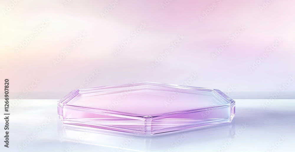 Poster a hexagonal glass podium on an abstract pastel background with soft lighting and a gradient of color