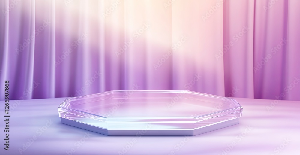 Poster a hexagonal glass podium on an abstract pastel background with soft lighting and a gradient of color