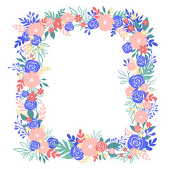 Square floral frame with blue roses in retro style.This frame is perfect for making an invitation, table card, postcard or any of your designs. Vector illustration
