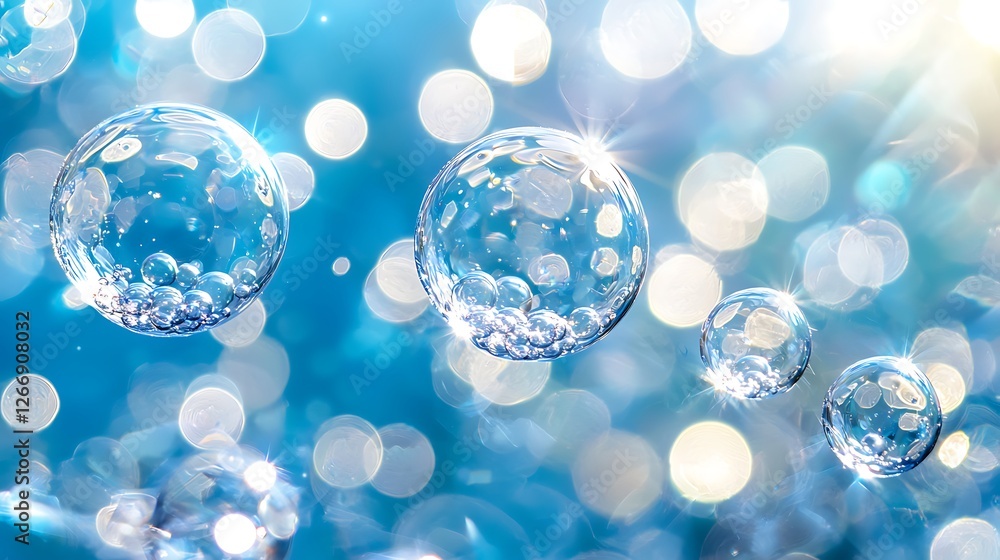 Poster sparkling water bubbles float, bokeh background, purity concept