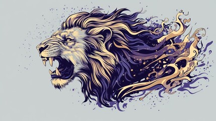 Roaring lion illustration with swirling abstract effects, for t-shirt design, or wall art