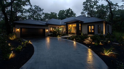 Modern home twilight driveway landscaping