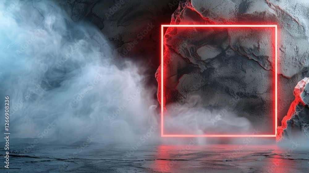 Canvas Prints futuristic square frame surrounded by smoke with textured rocky background in neon red light