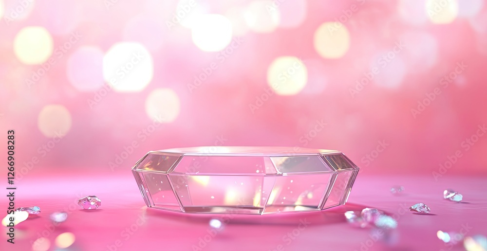 Poster a hexagonal glass podium on an abstract pastel background with soft lighting and a gradient of color