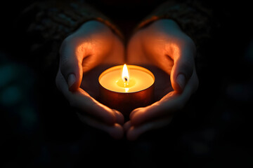 The gentle glow of a candle held in human hands symbolizes hope.