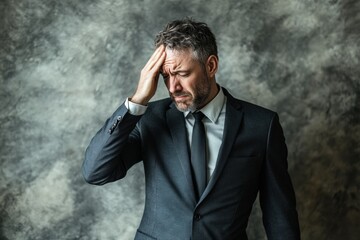 Businessman in suit appears stressed while rubbing forehead during meeting. Generative AI