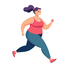 A plus size woman jogs energetically in a lively environment, showcasing her commitment to fitness and well-being during a bright morning