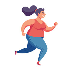 A plus size woman jogs energetically along a city street in the early morning, wearing a red tank top and blue leggings, highlighting her fitness journey and active lifestyle