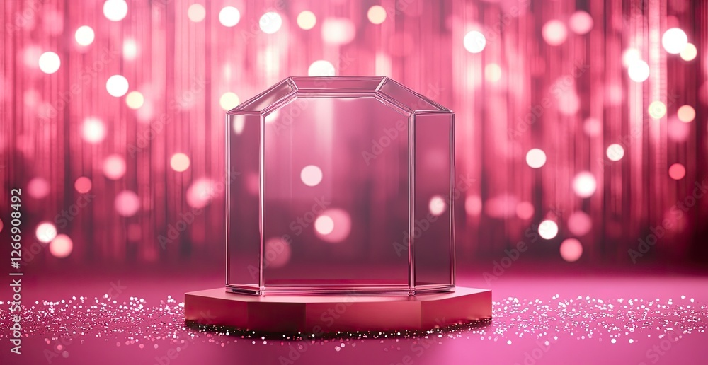 Poster a hexagonal glass podium on an abstract pastel background with soft lighting and a gradient of color