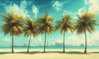 Fototapeta premium tropical beach scene with palm trees and city skyline in background