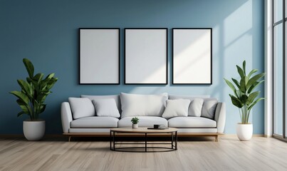 Modern living room with minimalist design featuring white sofa and empty frames