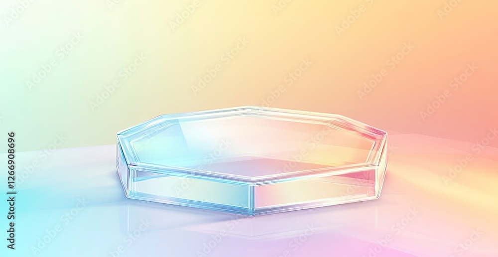 Poster a hexagonal glass podium on an abstract pastel background with soft lighting and a gradient of color