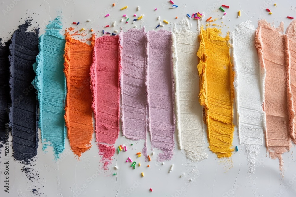 Poster vibrant array of textured paint swatches with colorful sprinkles on white background ideal for creat
