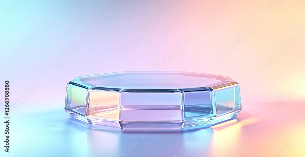 Poster a hexagonal glass podium on an abstract pastel background with soft lighting and a gradient of color