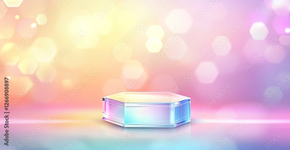 Poster A hexagonal glass podium on an abstract pastel background with soft lighting and a gradient of colors. 