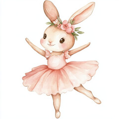 watercolor adorable and cute kawaii bunny ballerina with pretty pink dress and flower headband dancing with one leg lifted mid high isolated in white background 