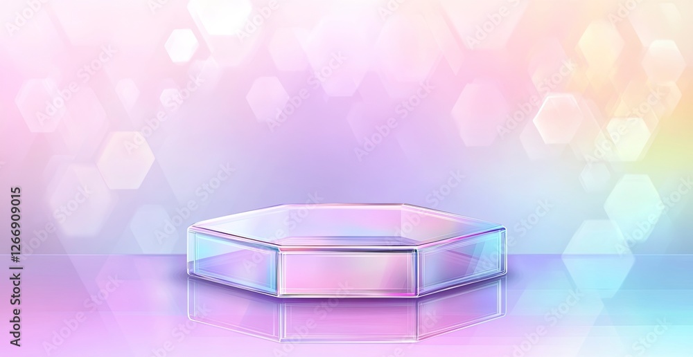Poster a hexagonal glass podium on an abstract pastel background with soft lighting and a gradient of color